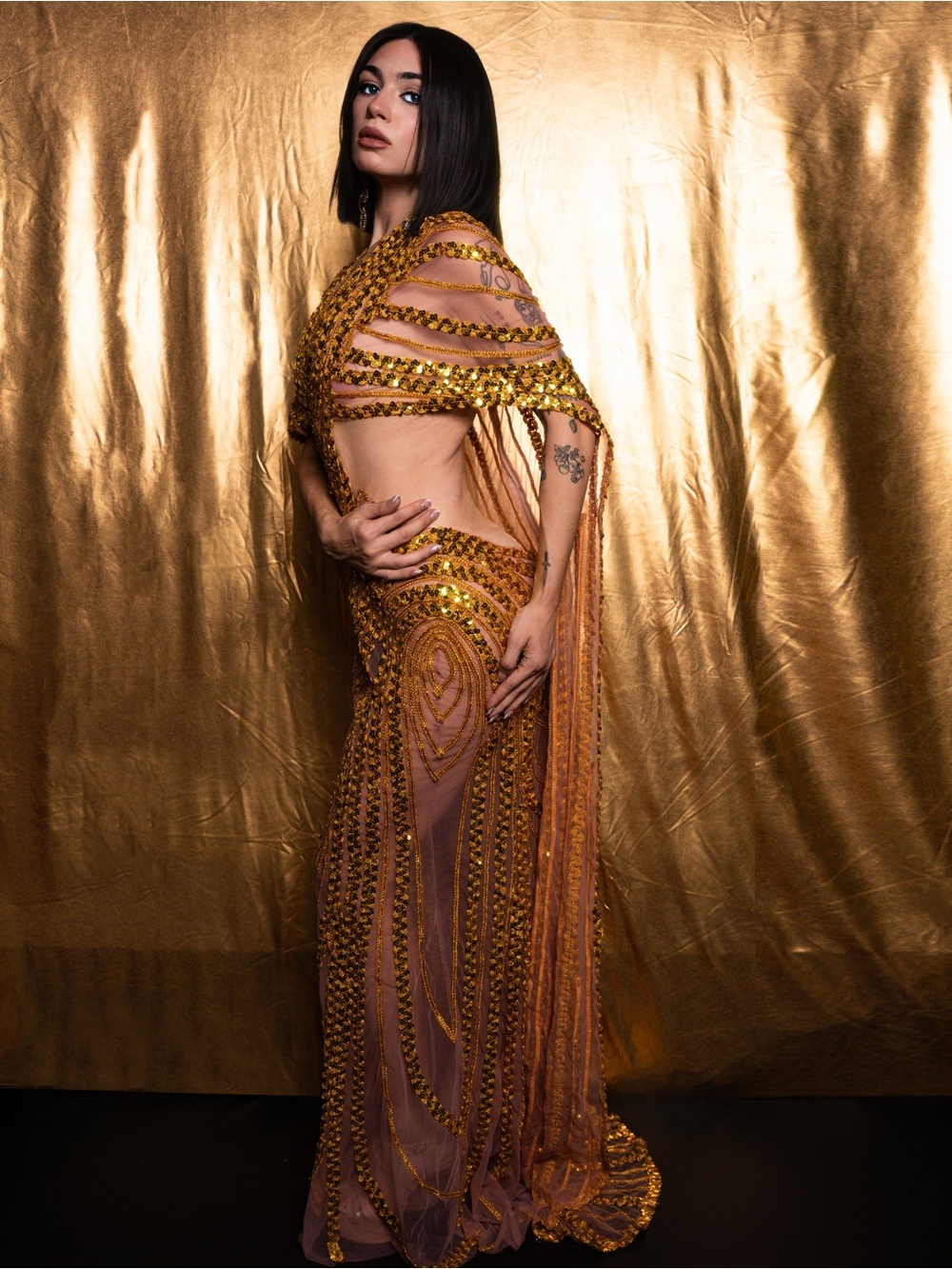 Gold Sequin Cutout Prom Gown